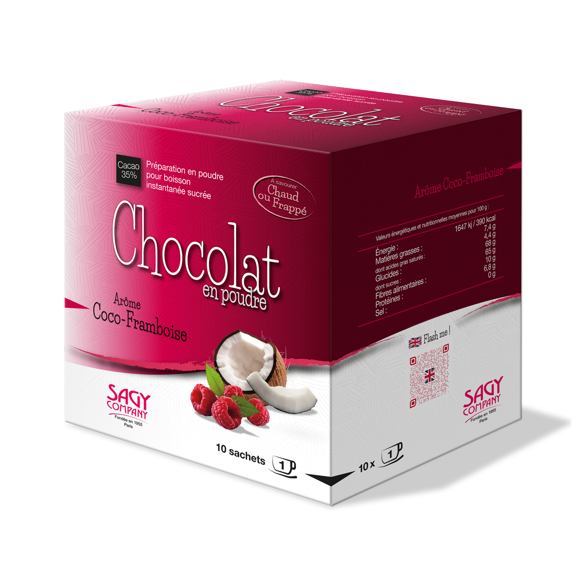 Boite de chocolat en poudre coco-framboise