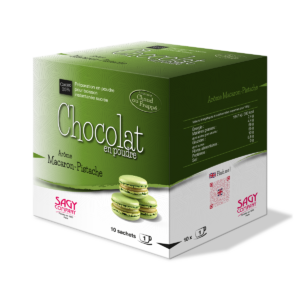 Boite de chocolat en poudre macaron-pistache