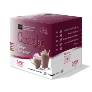 Boite de chocolat en poudre nature et aromatisé à savourer chaud ou frappé