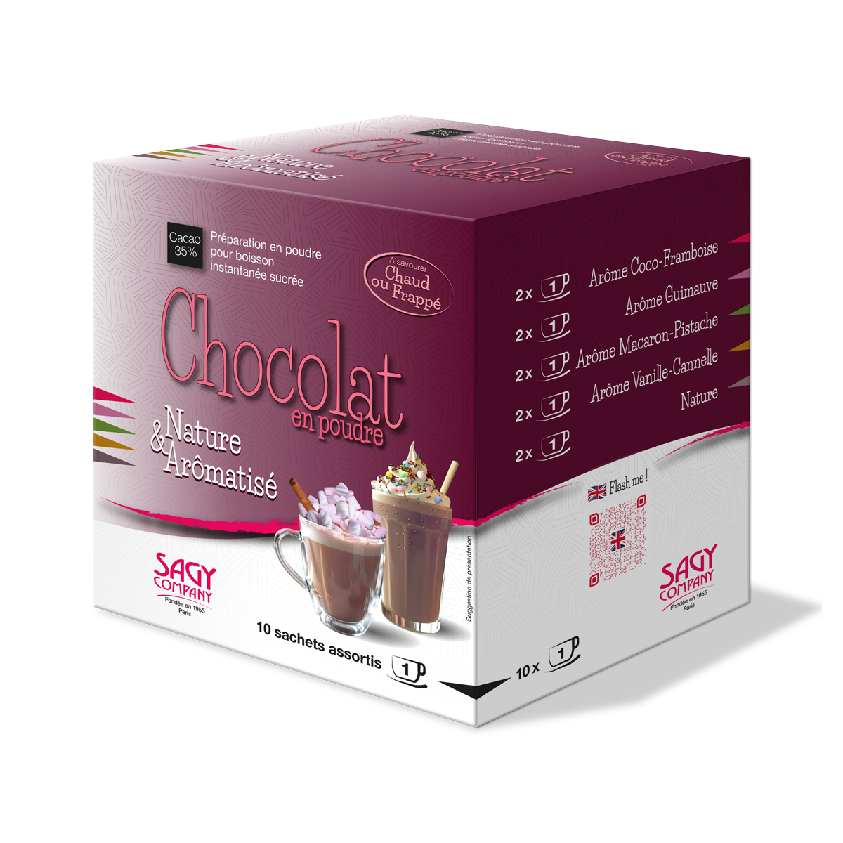 Boite de chocolat en poudre nature et aromatisé à savourer chaud ou frappé